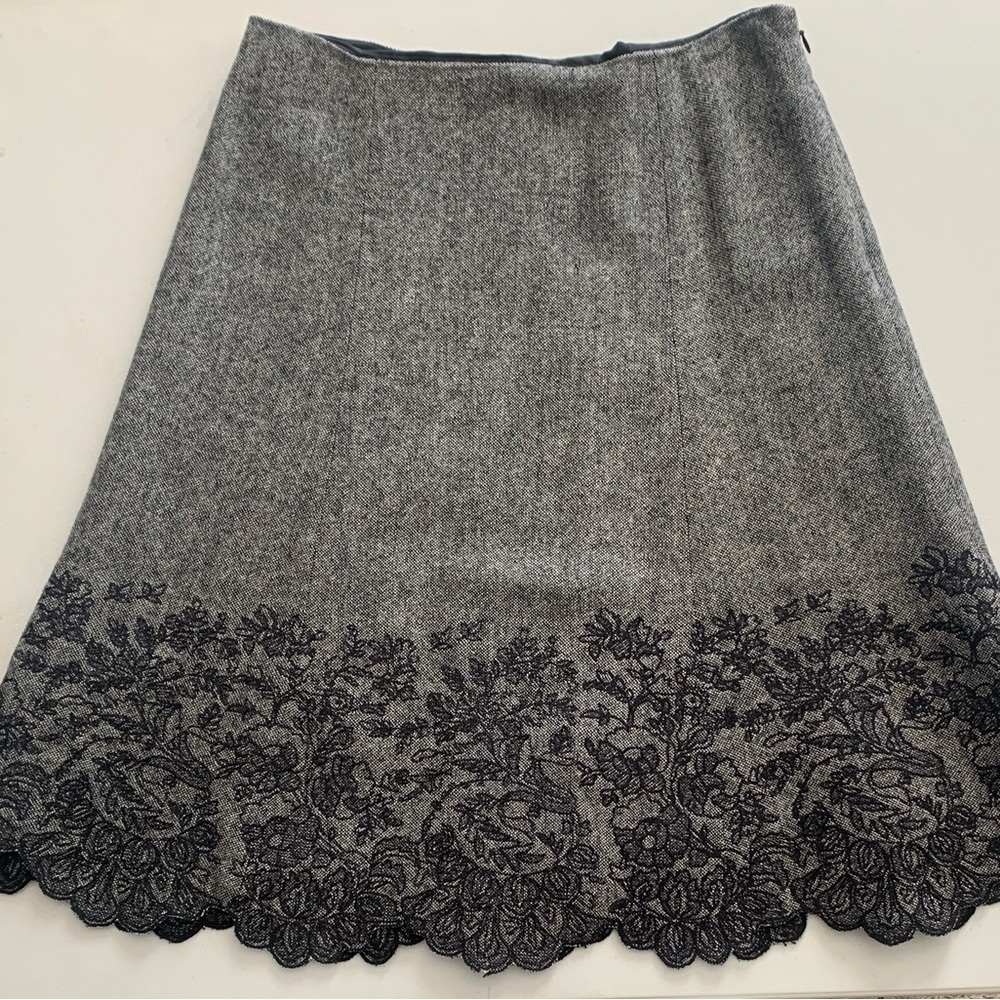 Ann Taylor Gray A-Line Skirt with Black Lace Hem, wool